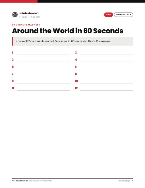 Around the World in 60 Seconds printable activity