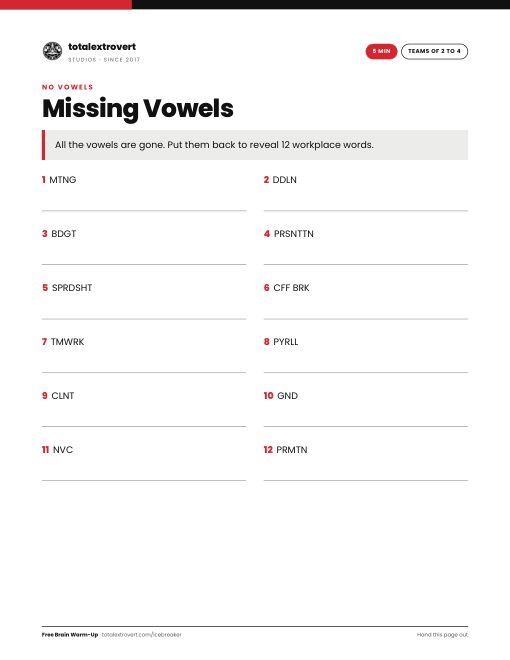 Missing Vowels printable activity