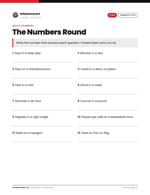 The Numbers Round printable activity