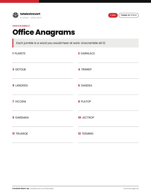 Office Anagrams printable activity