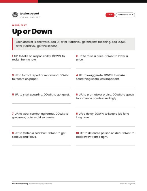 Up or Down printable activity