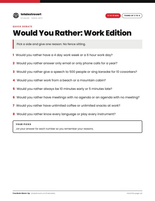 Would You Rather: Work Edition printable activity